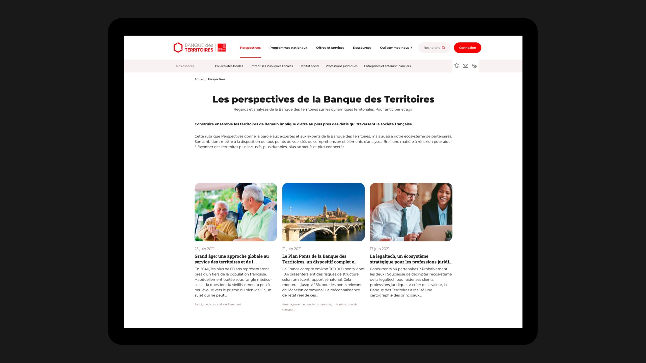 Page du site internet Banque des Territoires